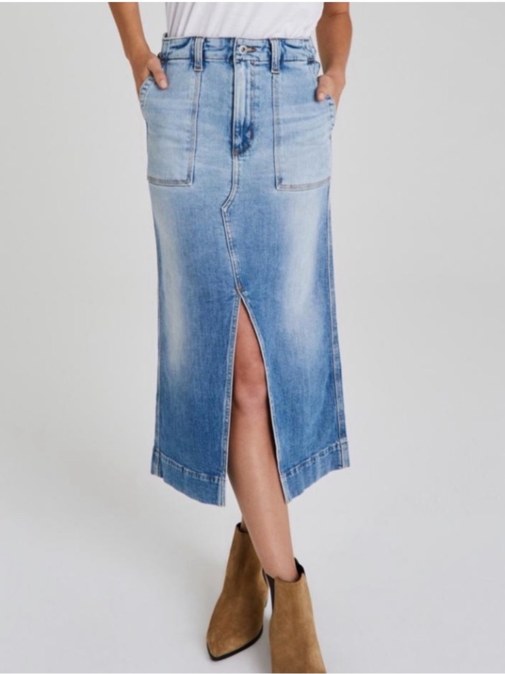 AG Adriano Goldschmied Lana Workwear Denim Skirt Front Split Hem Midi Sz 27